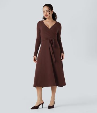 Ribbed Knit V-neck Long Sleeve Belted Midi Work Flowy Dress