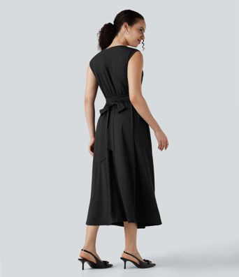 Tummy Control Sleeveless Tie Back Midi Bridesmaid and Wedding Guest Dress