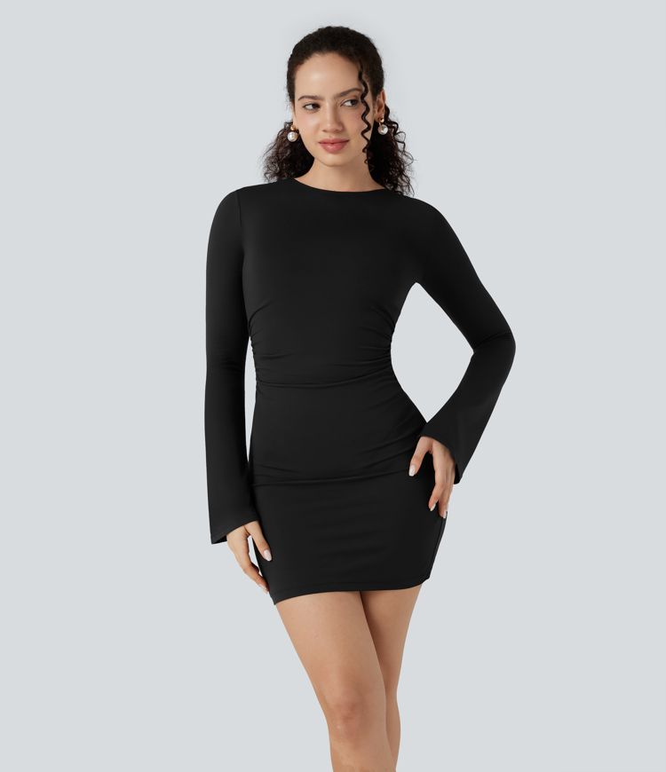 SoftlyZero™ Contrast Lace Long Sleeve Ruched Bodycon Mini Party Dress-UPF50+