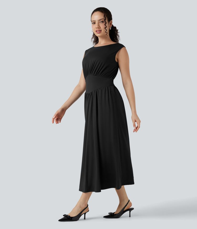 Tummy Control Sleeveless Tie Back Midi Bridesmaid and Wedding Guest Dress