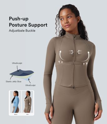 Chamarra de yoga Halara UltraSculpt™ con fruncido y manga larga con abertura para el pulgar