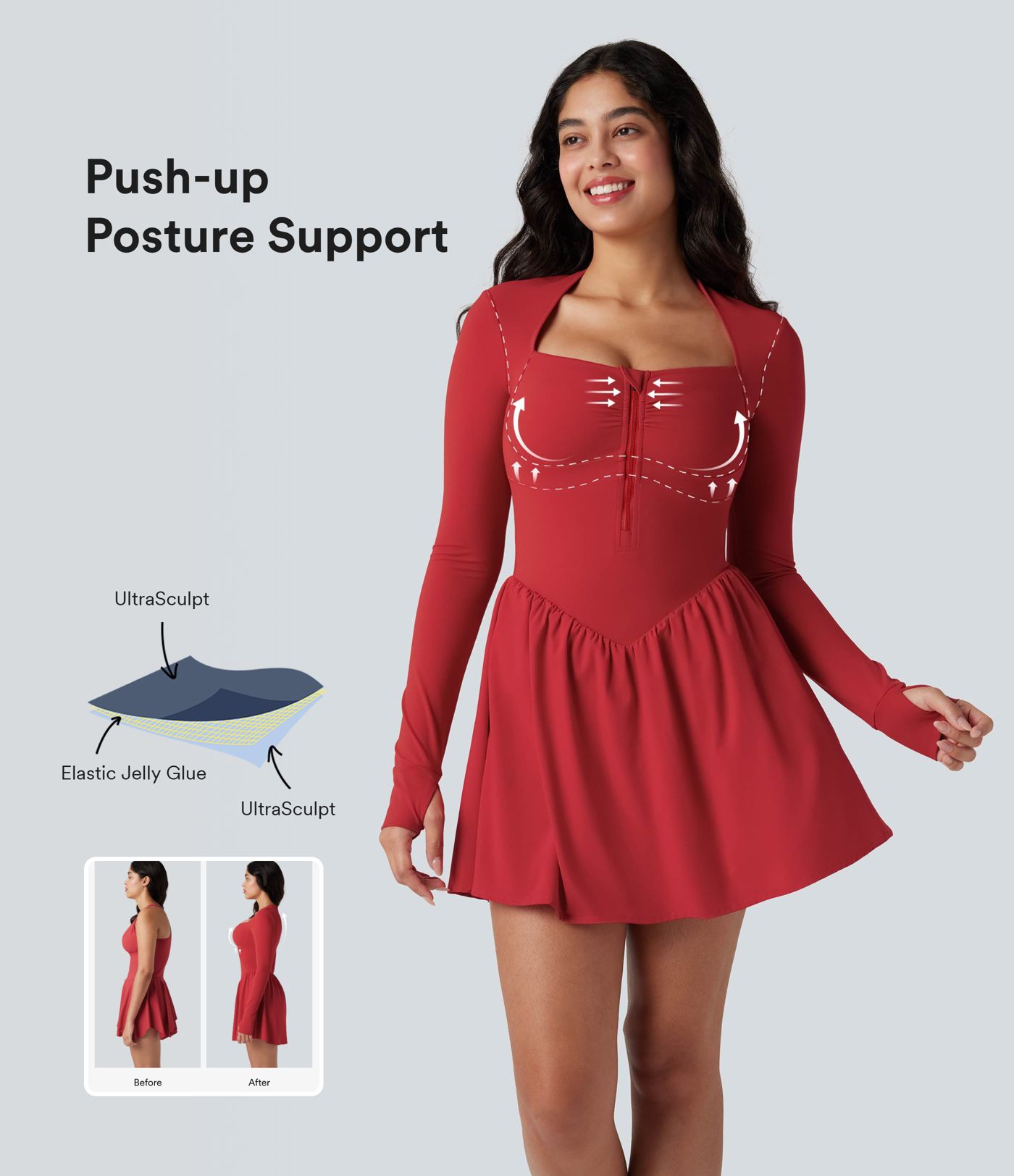 Halara UltraSculpt™ Push-Up Long Sleeve Thumb Hole 2-in-1 Mini Tennis Active Dress with Pocket