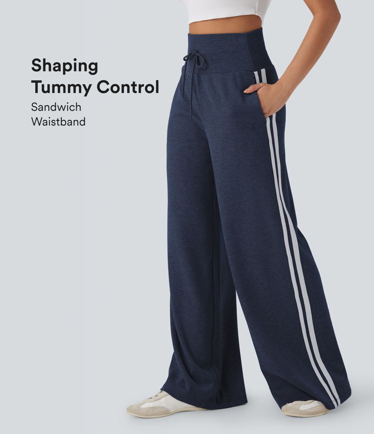 Ribbed SoCinched High Waisted Tummy Control Drawstring Wide Leg Color Block Casual Trousers with Pockets