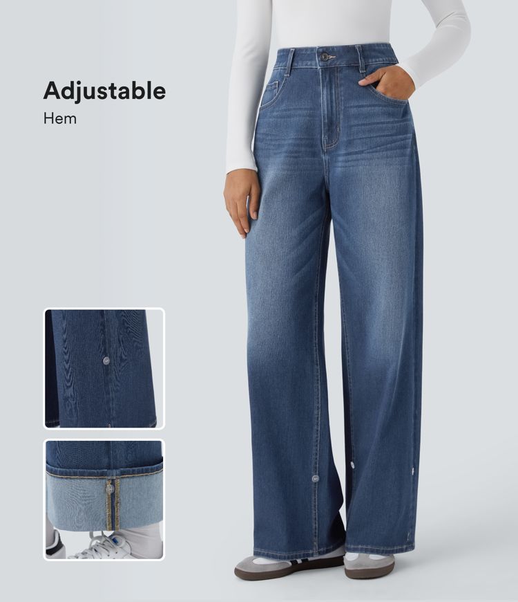 Halara Flex™ High Waisted Pockets Adjustable Hem Wide Leg Washed Casual Jeans