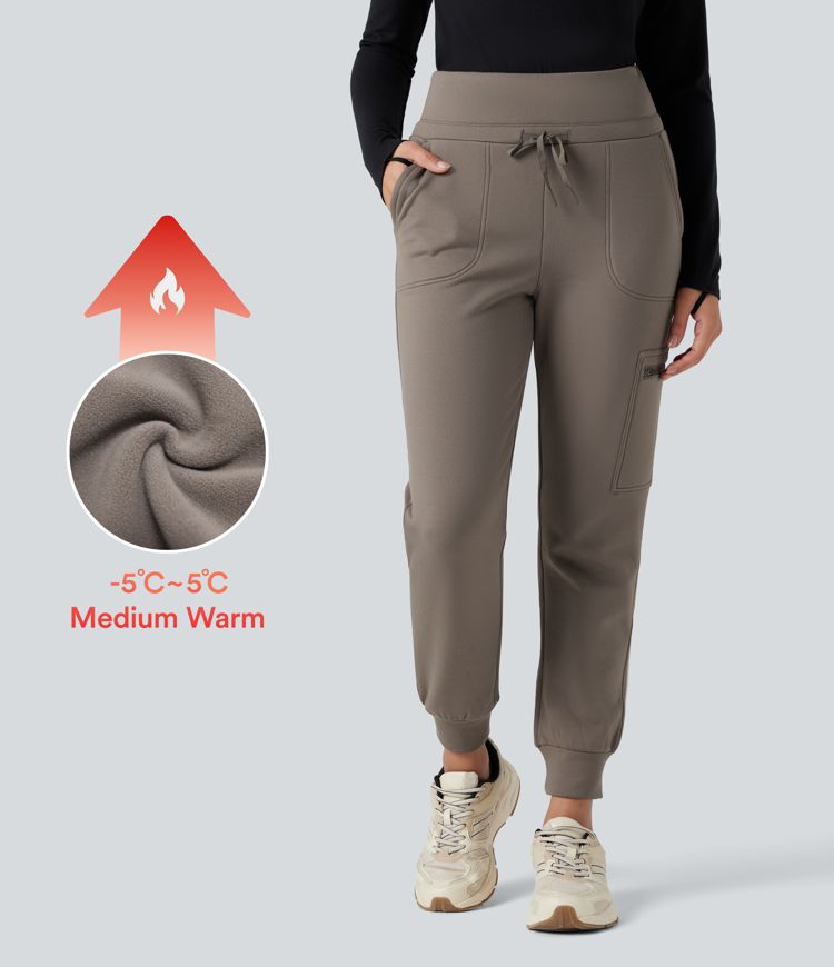 High Waisted Drawstring Tapered Fleece Hiking Joggers with Pockets