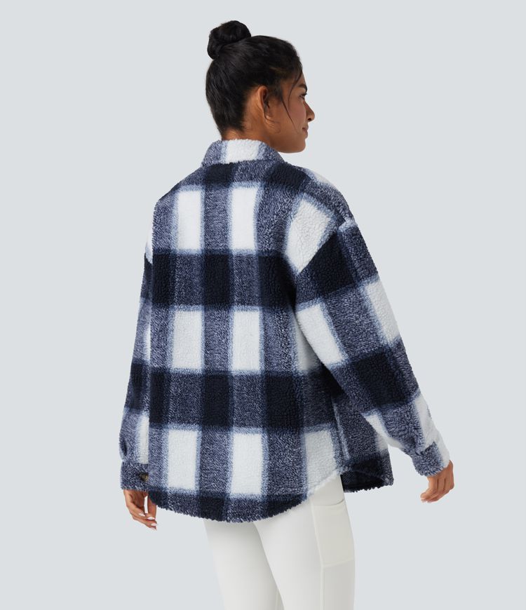 Collar Long Sleeve Curved Hem Casual Shacket Sherpa Jacket with Pockets