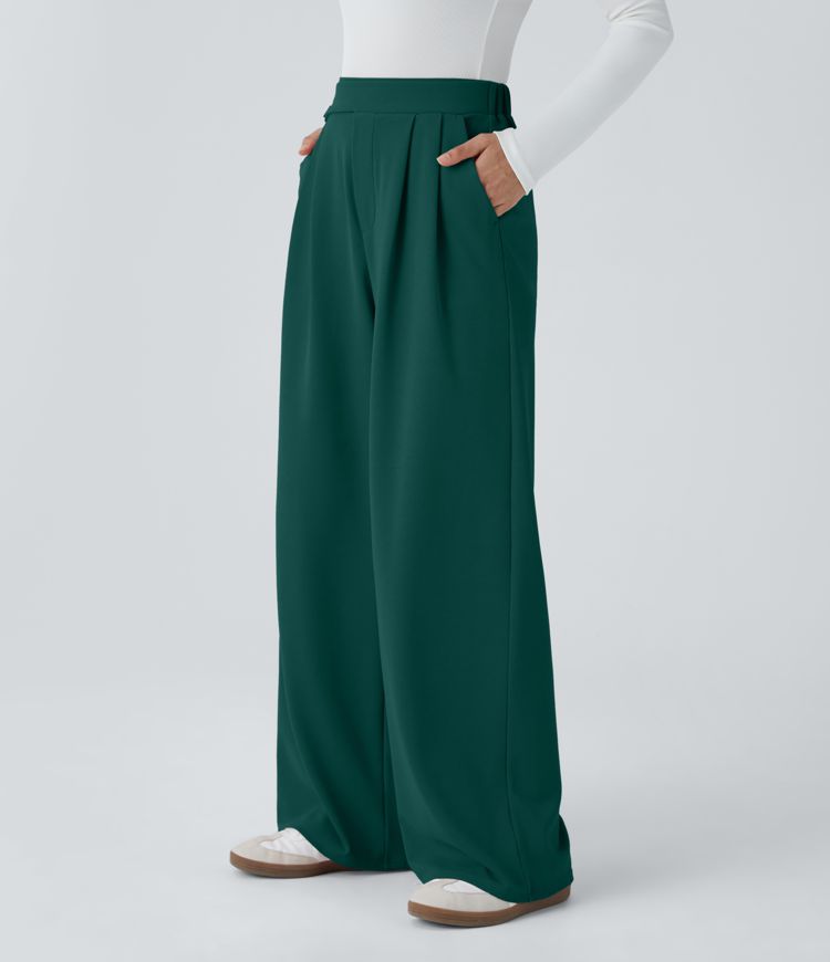 Pantalón tiro alto botón bolsillo lateral plisado pierna ancha