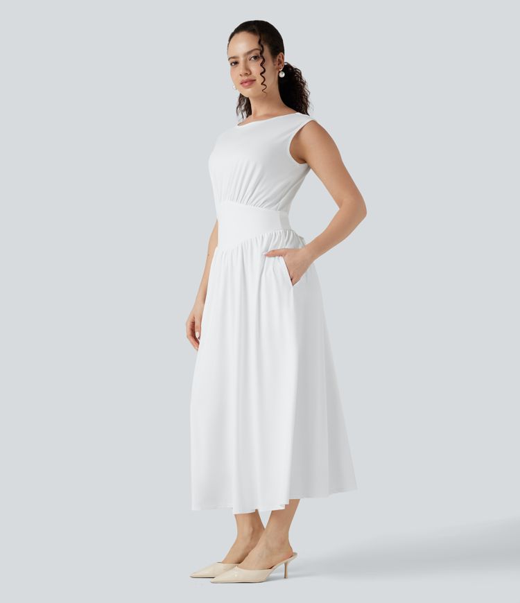 Tummy Control Sleeveless Tie Back Midi Bridesmaid and Wedding Guest Dress