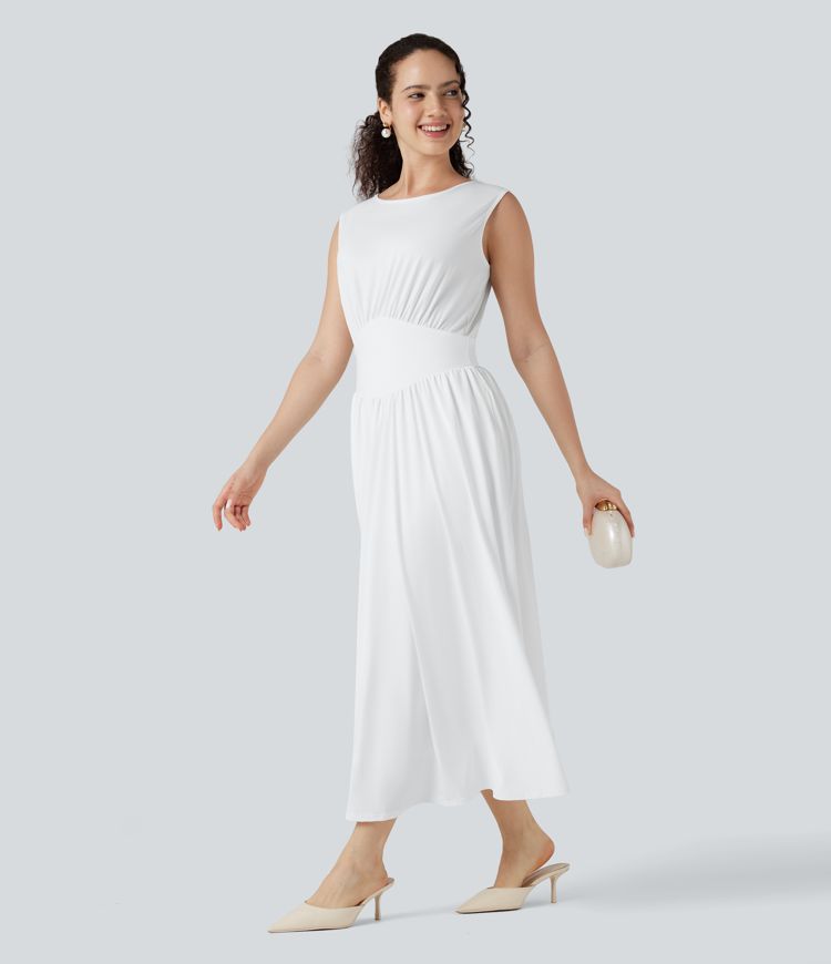 Tummy Control Sleeveless Tie Back Midi Bridesmaid and Wedding Guest Dress