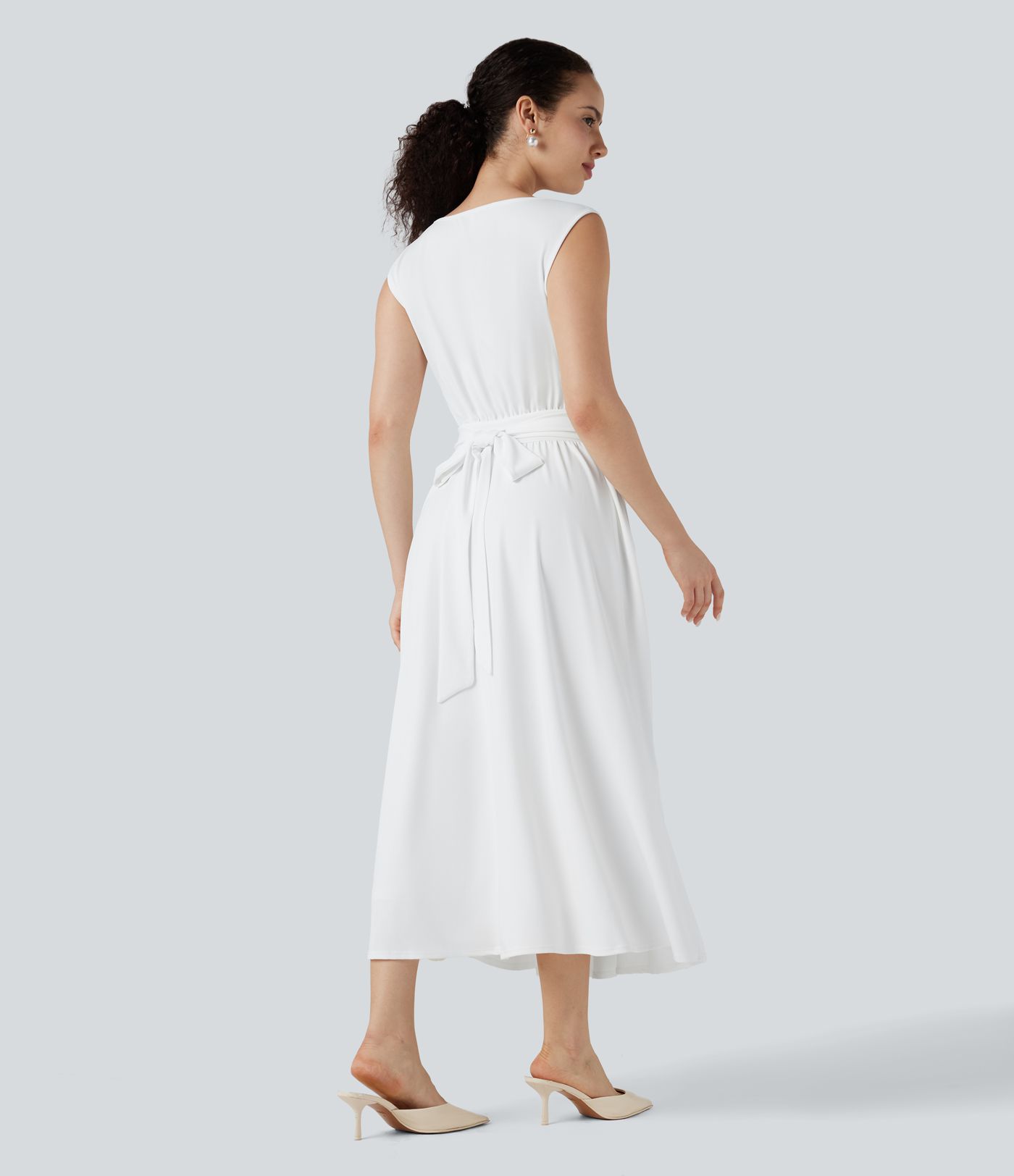 Tummy Control Sleeveless Tie Back Midi Bridesmaid and Wedding Guest Dress