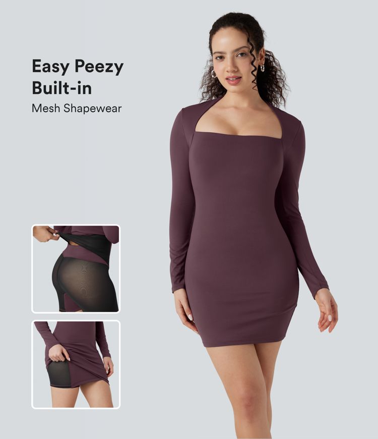 Square Neck Long Sleeve Tummy Control Built-in Mesh Shapewear Party Dress-Easy Peezy