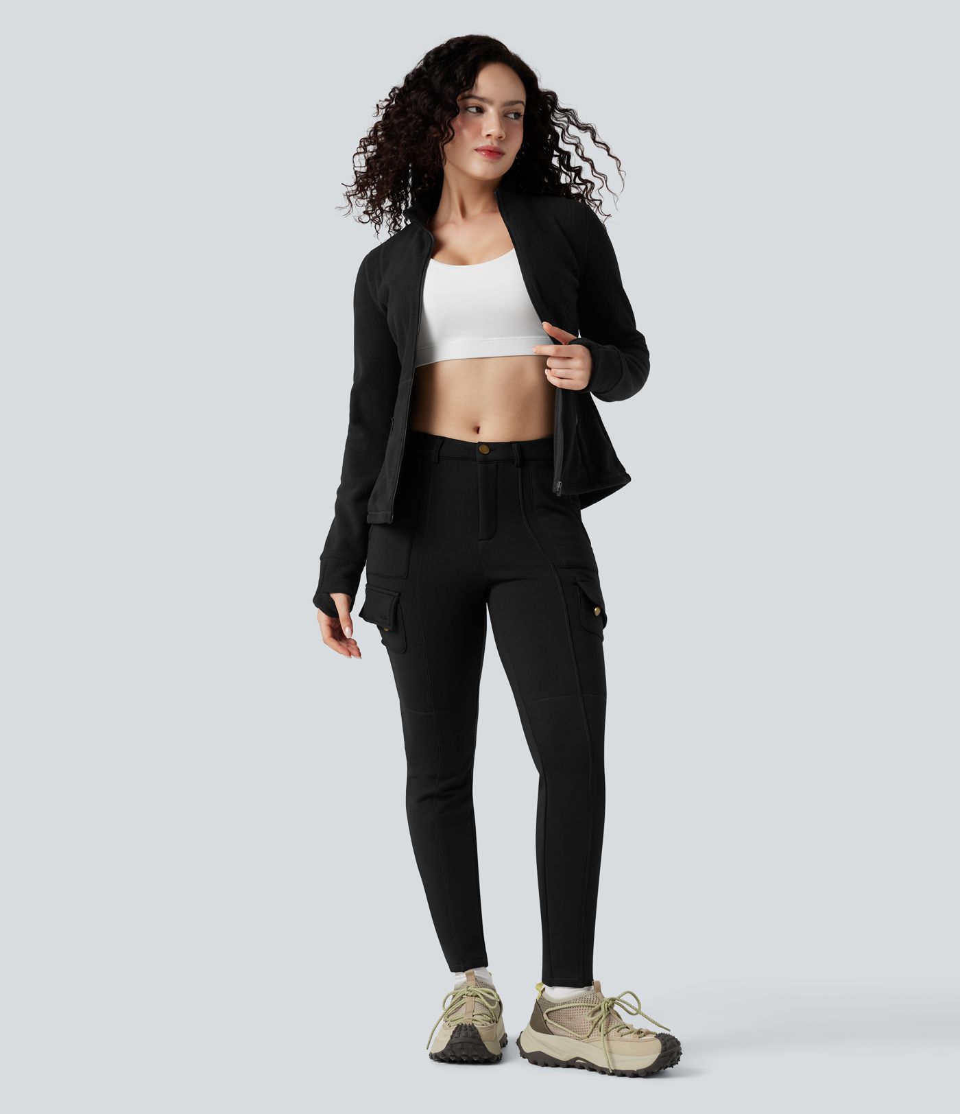 Stand Collar Long Sleeve Thumb Hole Hiking Jacket with Pockets