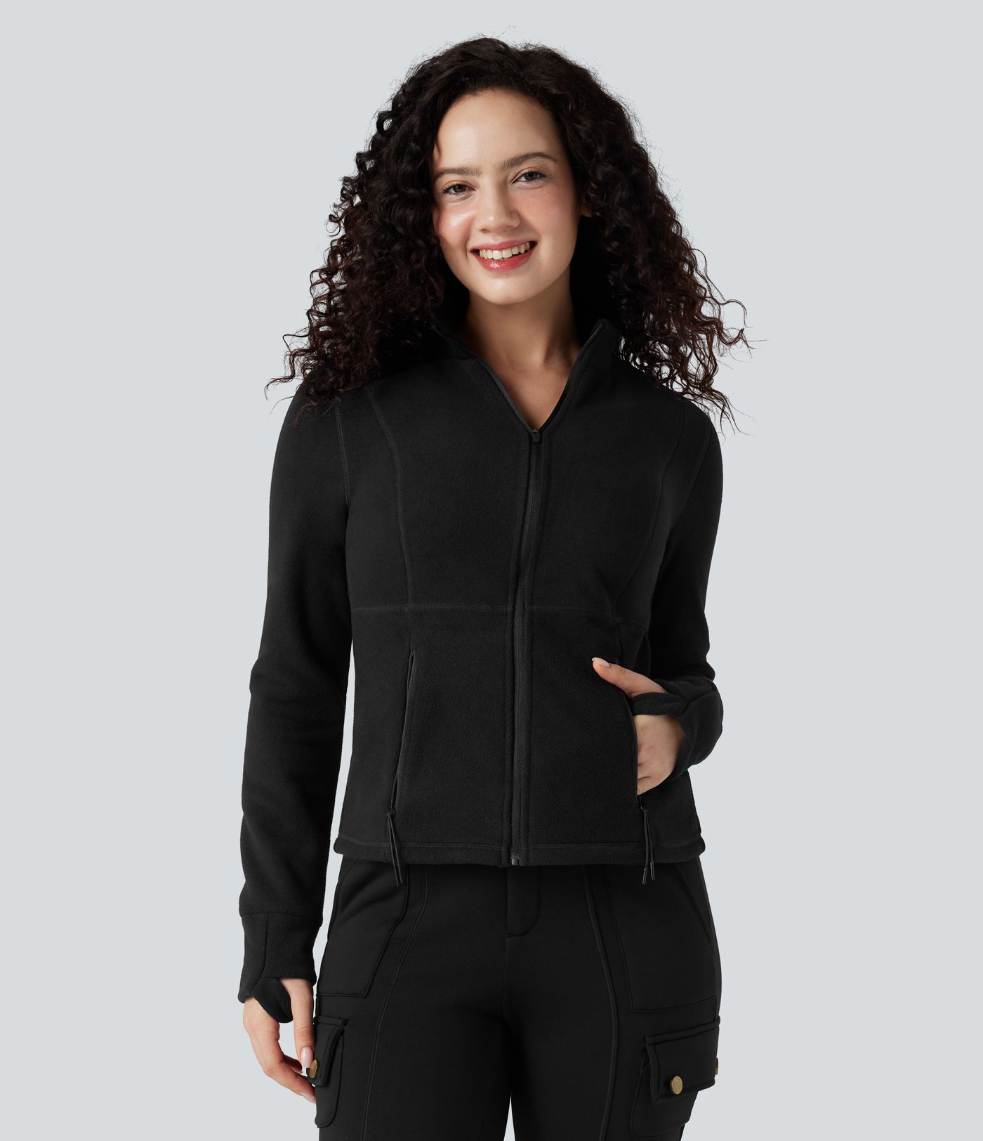 Stand Collar Long Sleeve Thumb Hole Hiking Jacket with Pockets