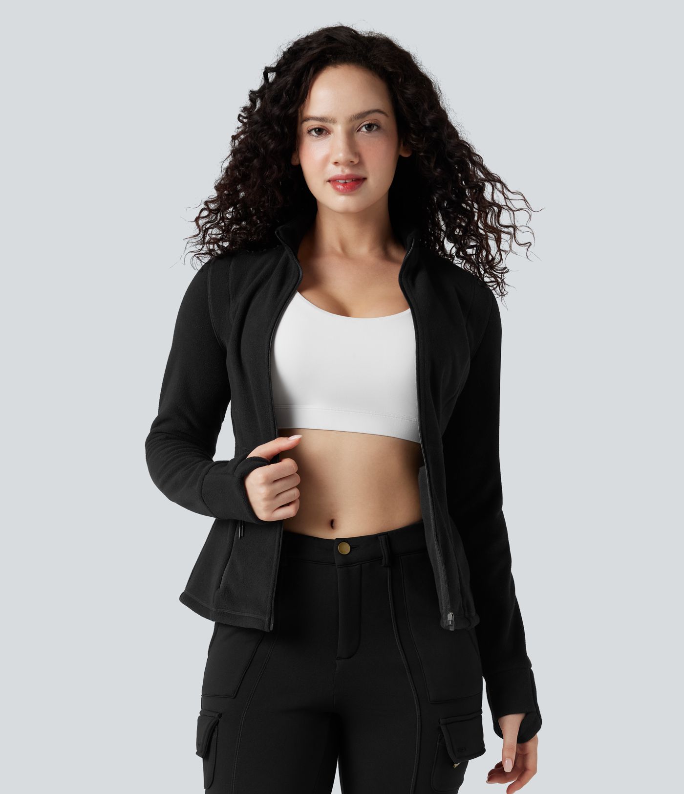 Stand Collar Long Sleeve Thumb Hole Hiking Jacket with Pockets