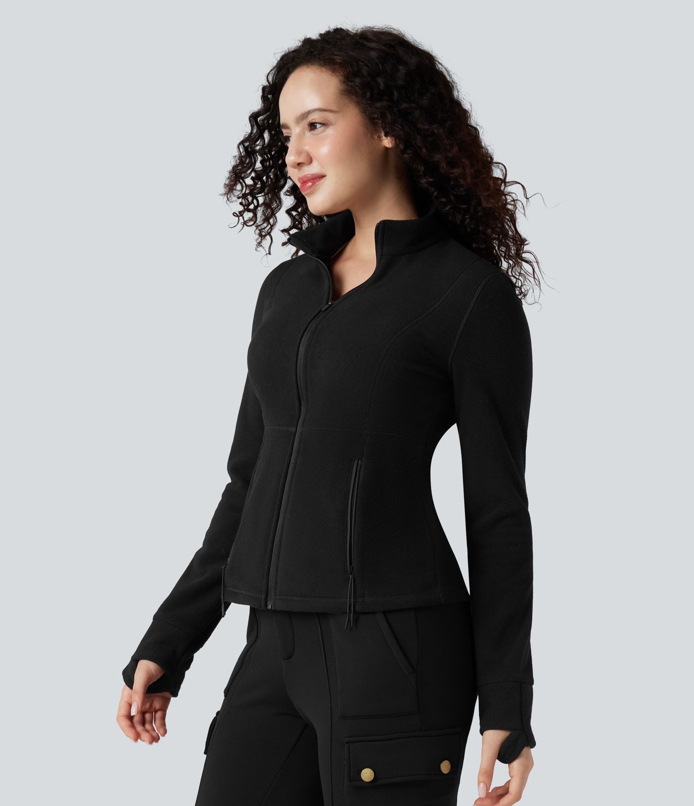 Stand Collar Long Sleeve Thumb Hole Hiking Jacket with Pockets