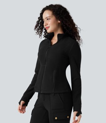 Stand Collar Long Sleeve Thumb Hole Hiking Jacket with Pockets