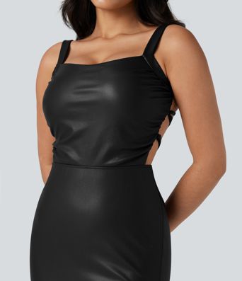 Lace Up Fleece Midi PU Leather Dress