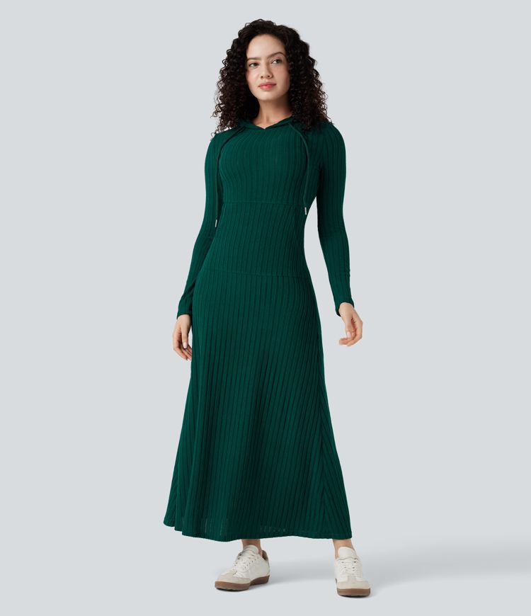 Ribbed Knit Hooded Long Sleeve Maxi Casual Dress with Pocket