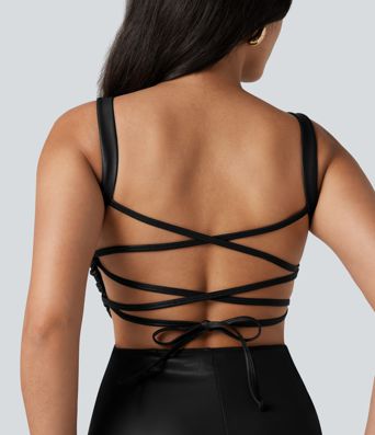 Lace Up Fleece Midi PU Leather Dress