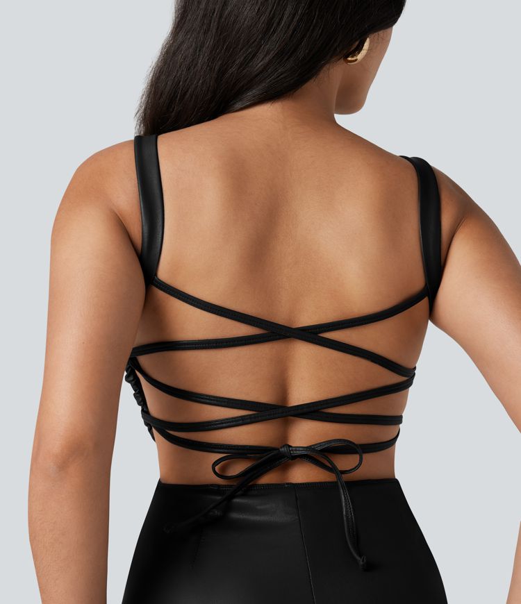 Lace Up Fleece Midi PU Leather Dress