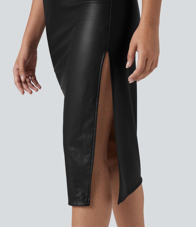 Lace Up Fleece Midi PU Leather Dress