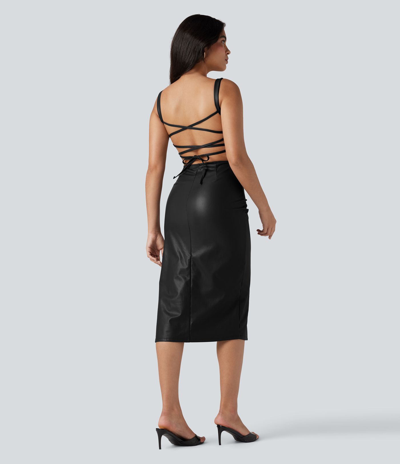 Lace Up Fleece Midi PU Leather Dress