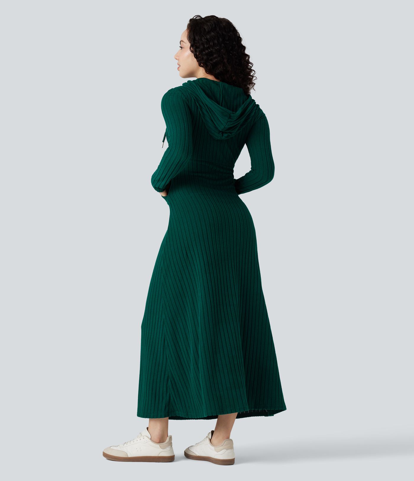 Ribbed Knit Hooded Long Sleeve Maxi Casual Dress with Pocket