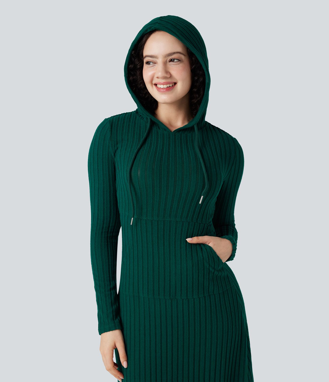 Ribbed Knit Hooded Long Sleeve Maxi Casual Dress with Pocket