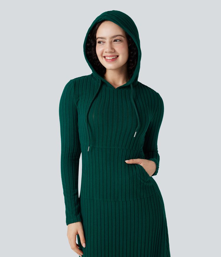 Ribbed Knit Hooded Long Sleeve Maxi Casual Dress with Pocket