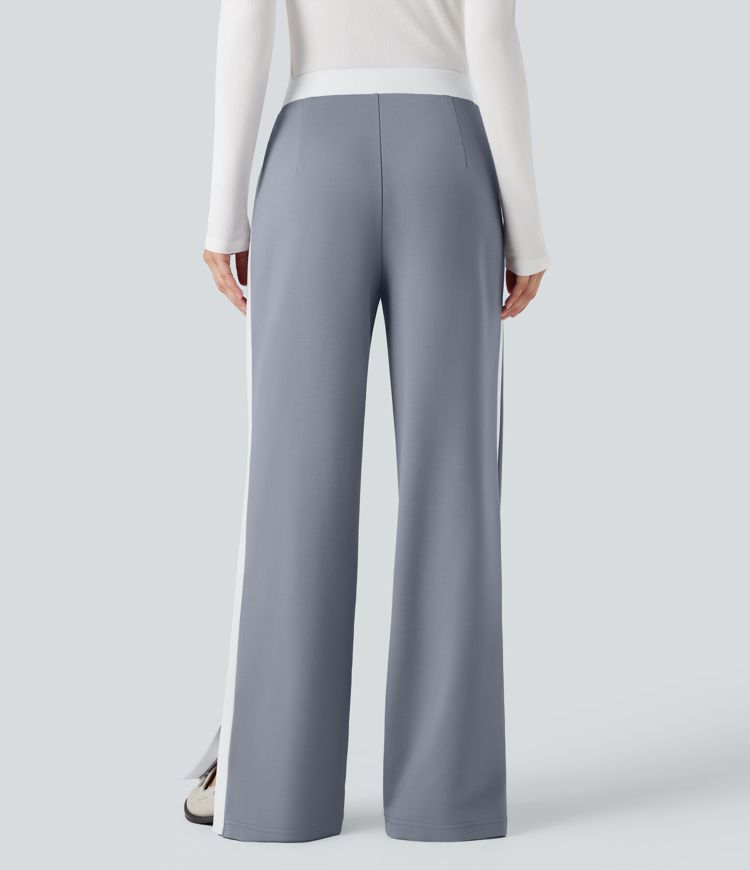 Mid Rise Color Block Split Work Straight Leg Pants with Pockets