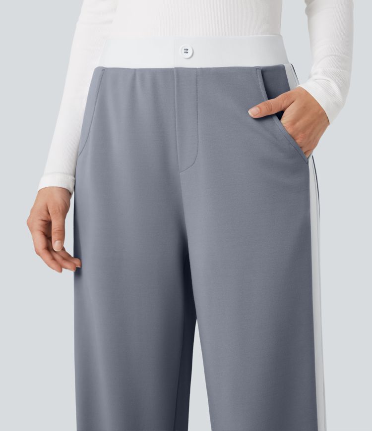Mid Rise Color Block Split Work Straight Leg Pants with Pockets