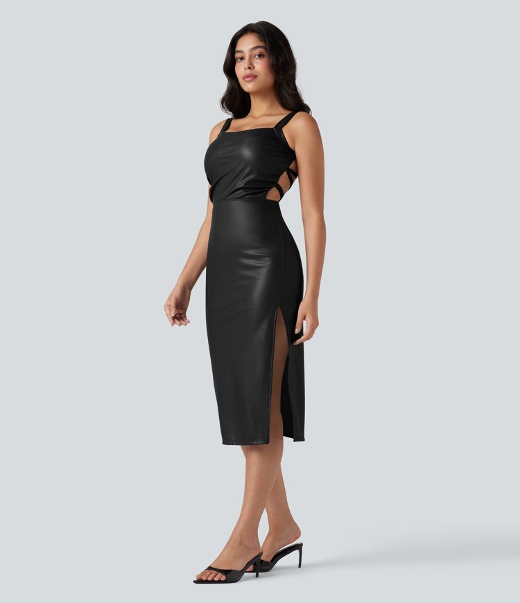 Lace Up Fleece Midi PU Leather Dress