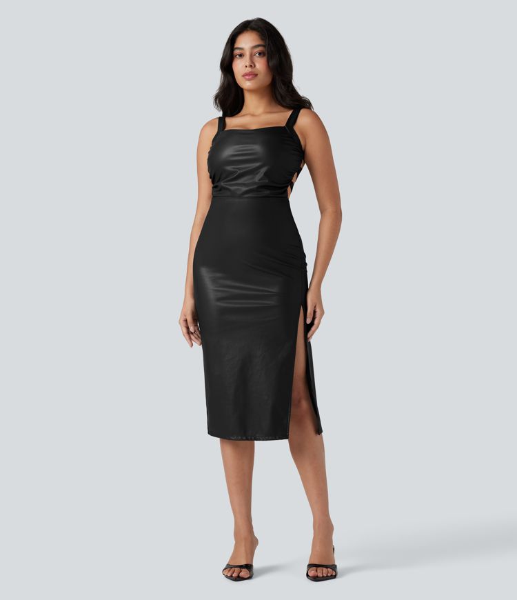 Lace Up Fleece Midi PU Leather Dress