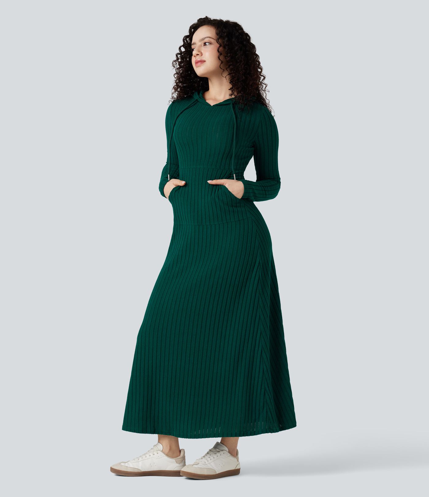 Ribbed Knit Hooded Long Sleeve Maxi Casual Dress with Pocket