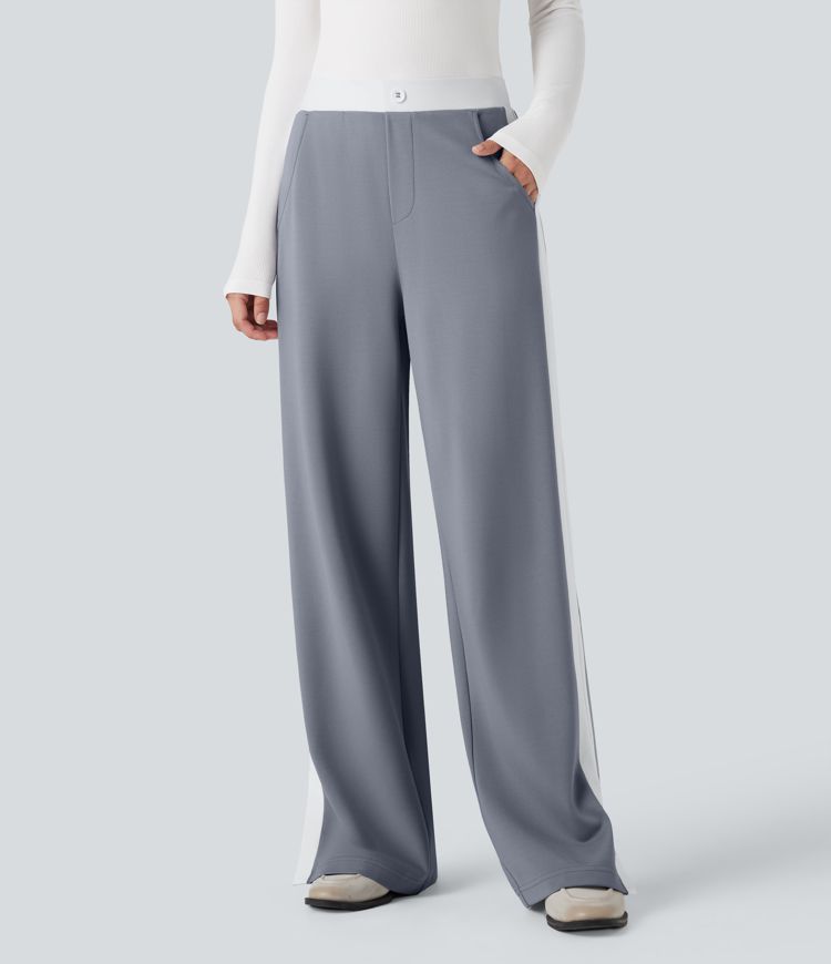 Mid Rise Color Block Split Work Straight Leg Pants with Pockets