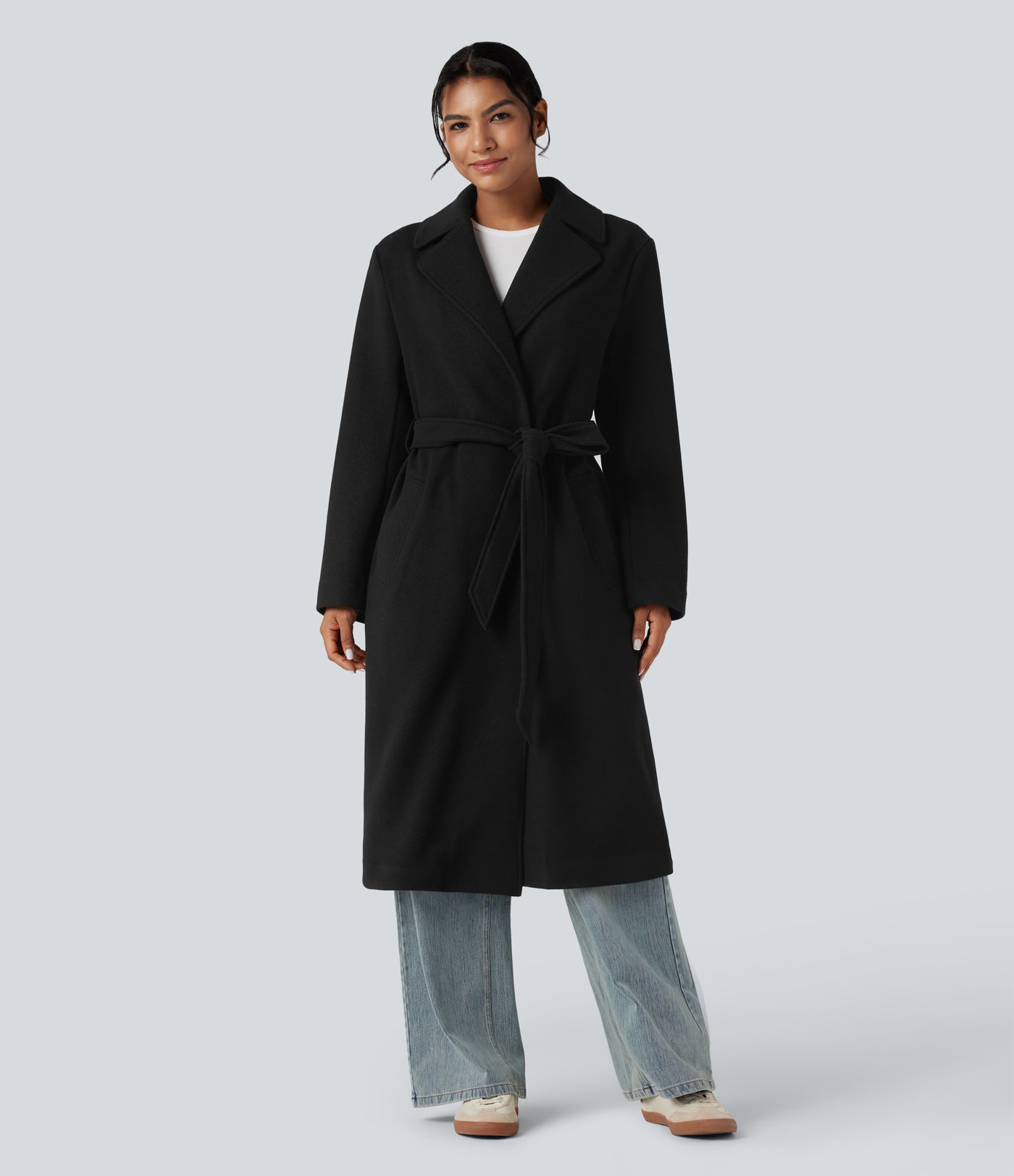 Manteau polaire long ceinturé manches longues avec poches