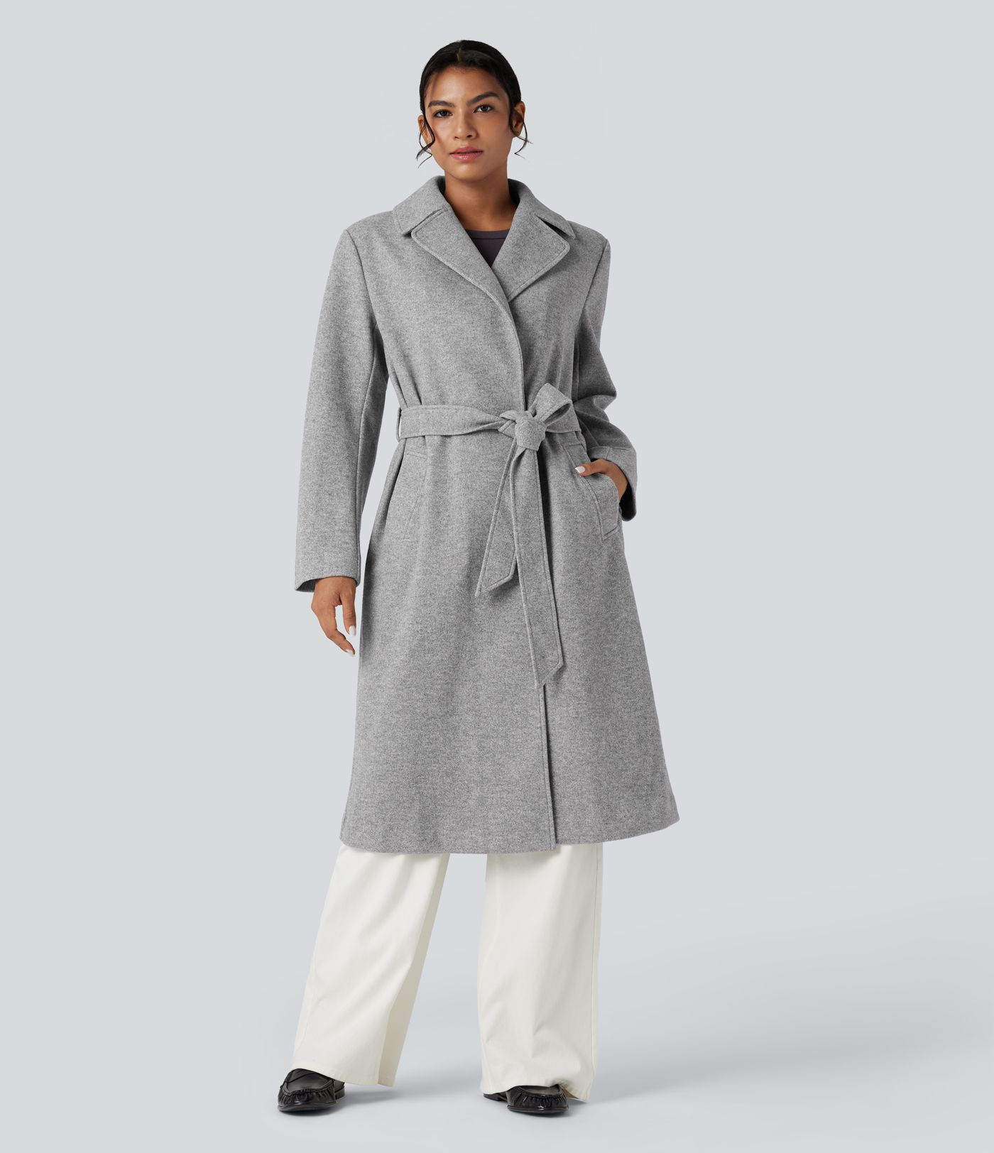 Cepli, kuşaklı, uzun kesimli uzun kollu polar kaban