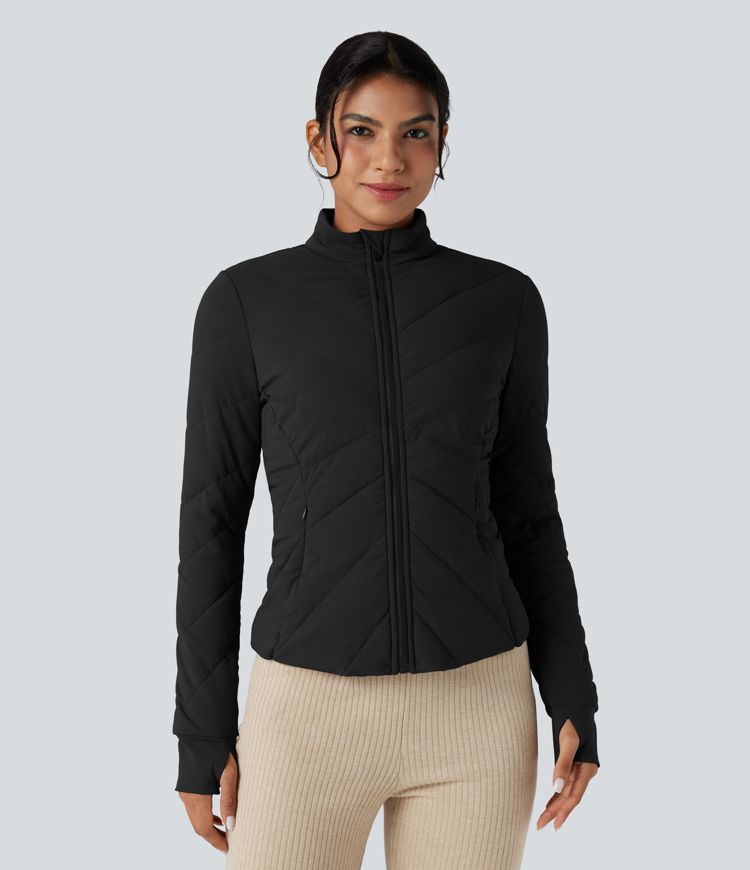 Stand Collar Long Sleeve Thumb Hole Casual Padded Jacket with Pockets