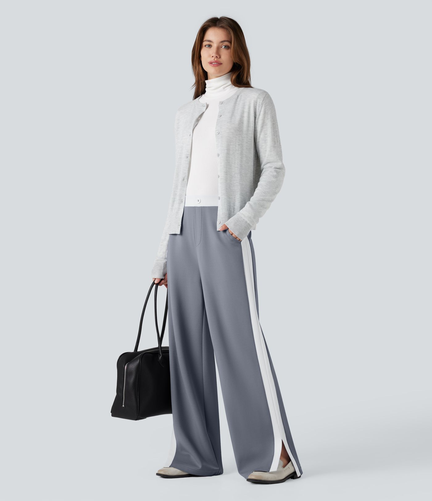 SculptKnit Mid Rise Color Block Split Work Straight Leg Pants with Pockets