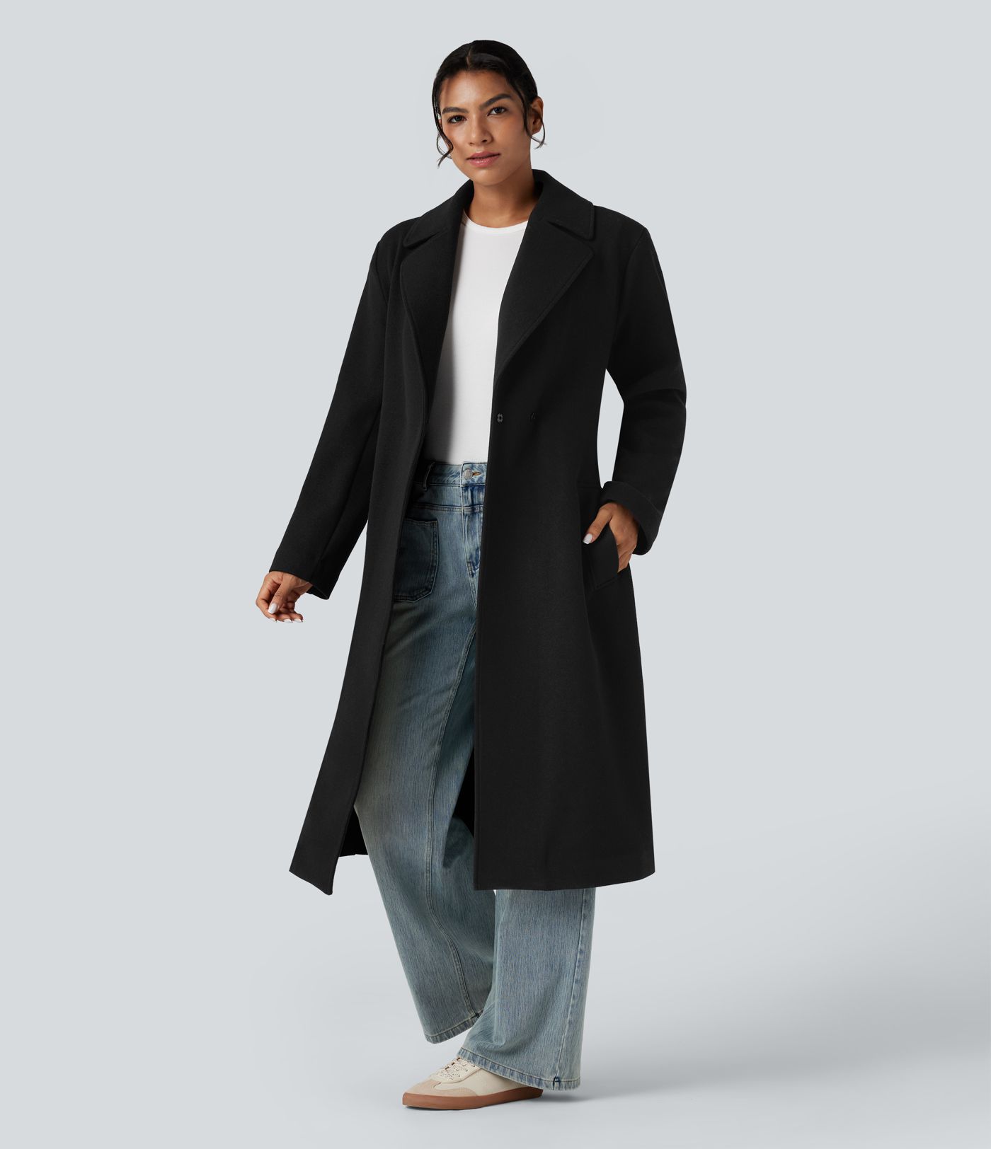 Manteau polaire long ceinturé manches longues avec poches