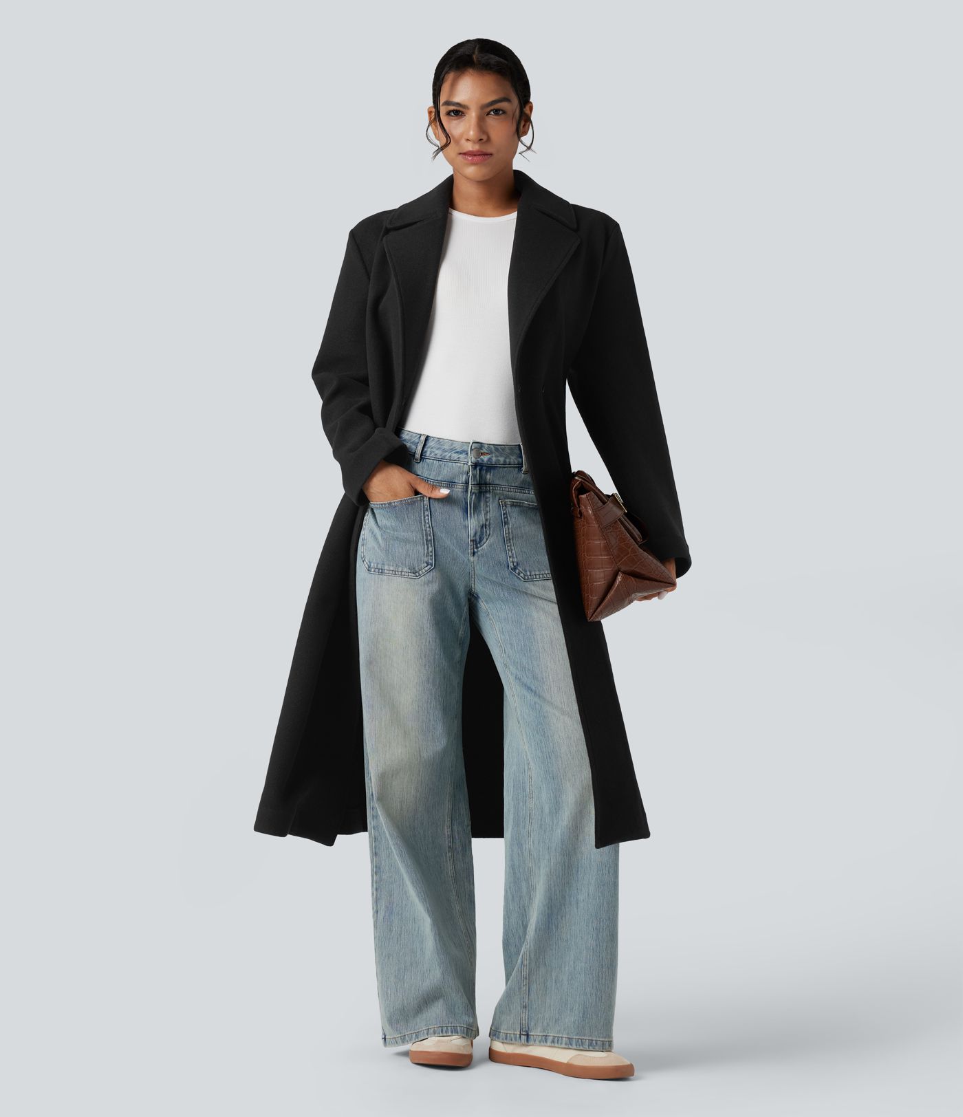 Manteau polaire long ceinturé manches longues avec poches