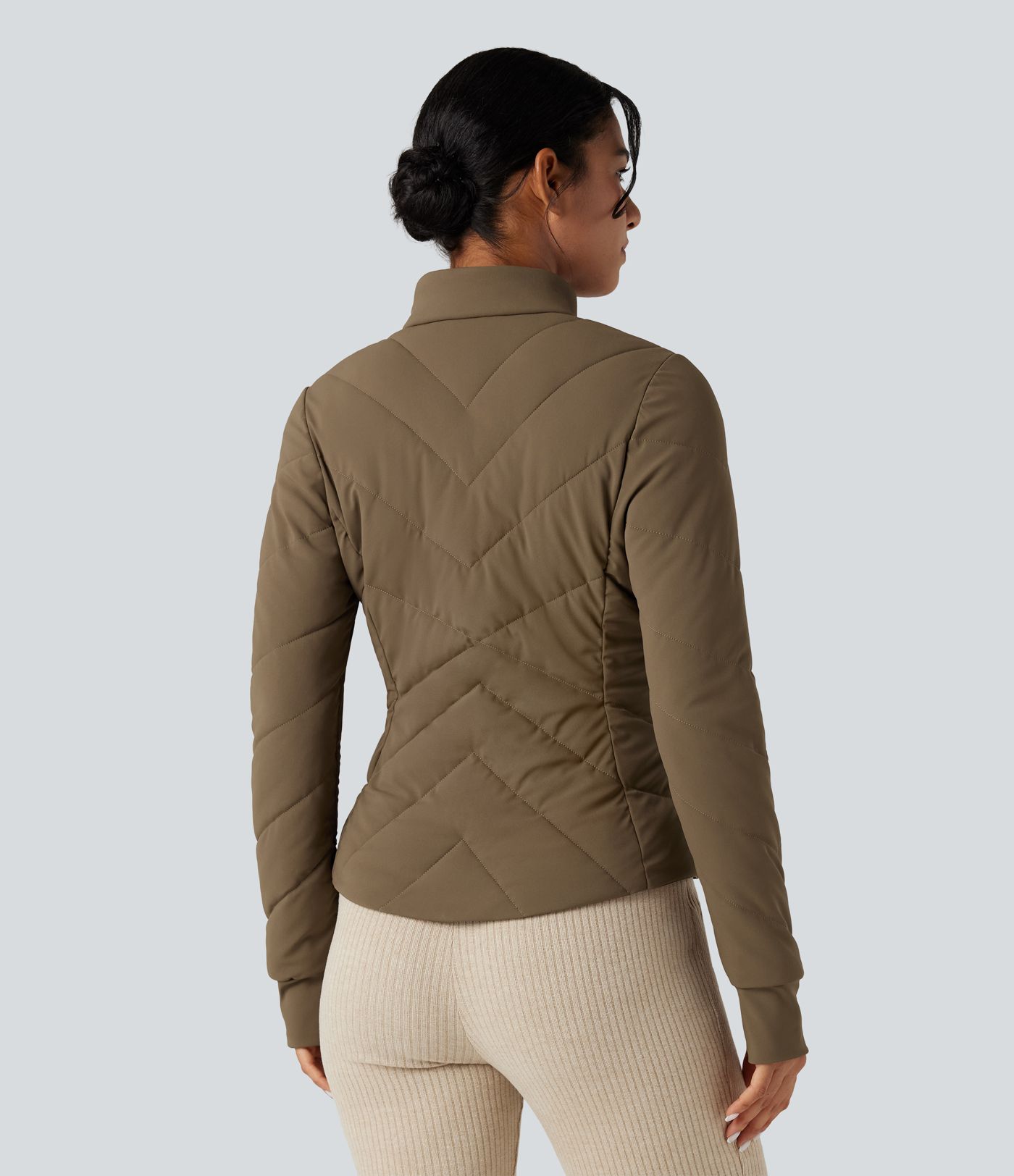 PuffFlex Stand Collar Long Sleeve Thumb Hole Casual Quilted Jacket with Pockets