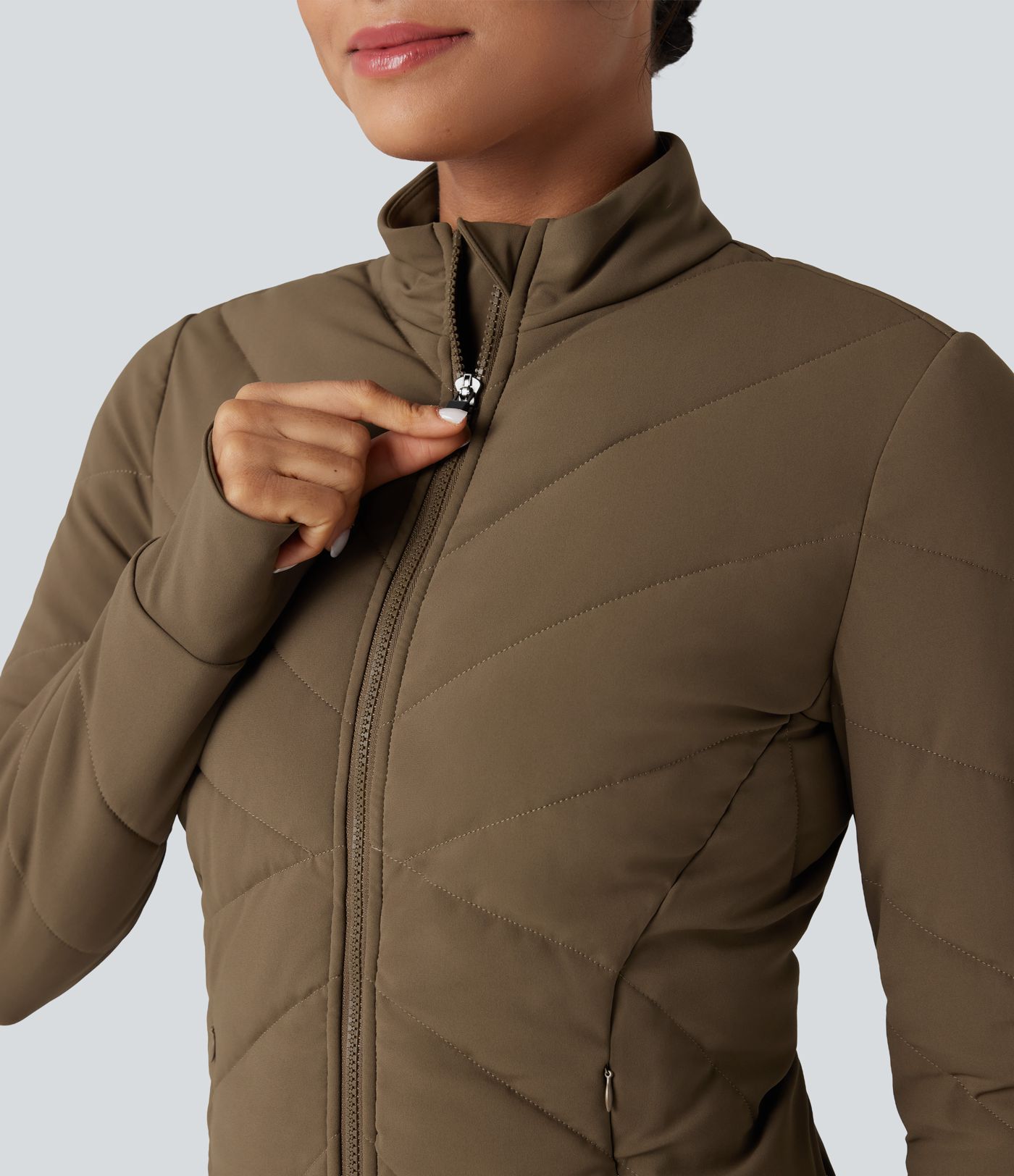 PuffFlex Stand Collar Long Sleeve Thumb Hole Casual Quilted Jacket with Pockets