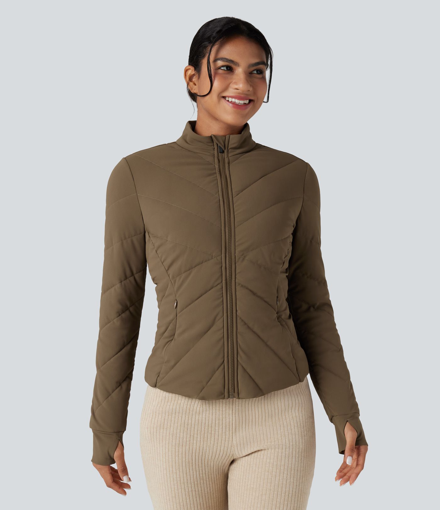 PuffFlex Stand Collar Long Sleeve Thumb Hole Casual Quilted Jacket with Pockets