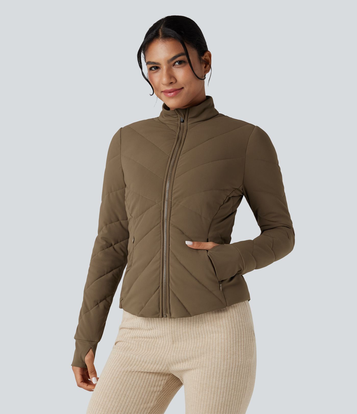 PuffFlex Stand Collar Long Sleeve Thumb Hole Casual Quilted Jacket with Pockets