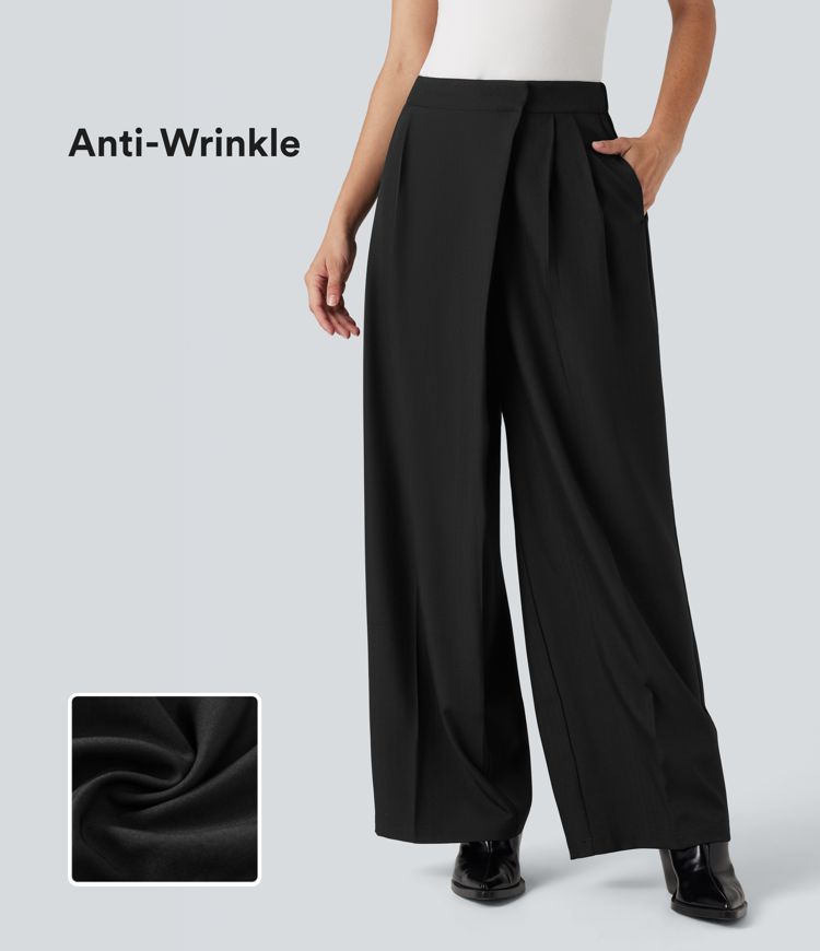 Pantalon tailleur anti-froissement baggy taille haute aspect lin avec poches