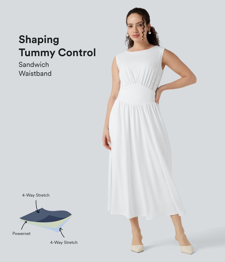 SoCinched Tummy Control Sleeveless Tie Back Midi Bridesmaid and Wedding Guest Dress