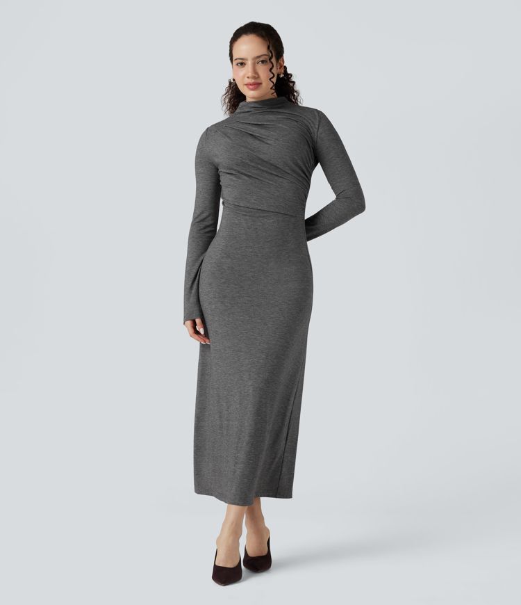 Mock Neck Long Sleeve Midi Casual Dress