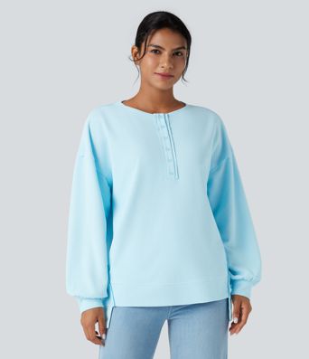 Henley Long Sleeve Waffle Oversized Casual Sweatshirt with Pockets