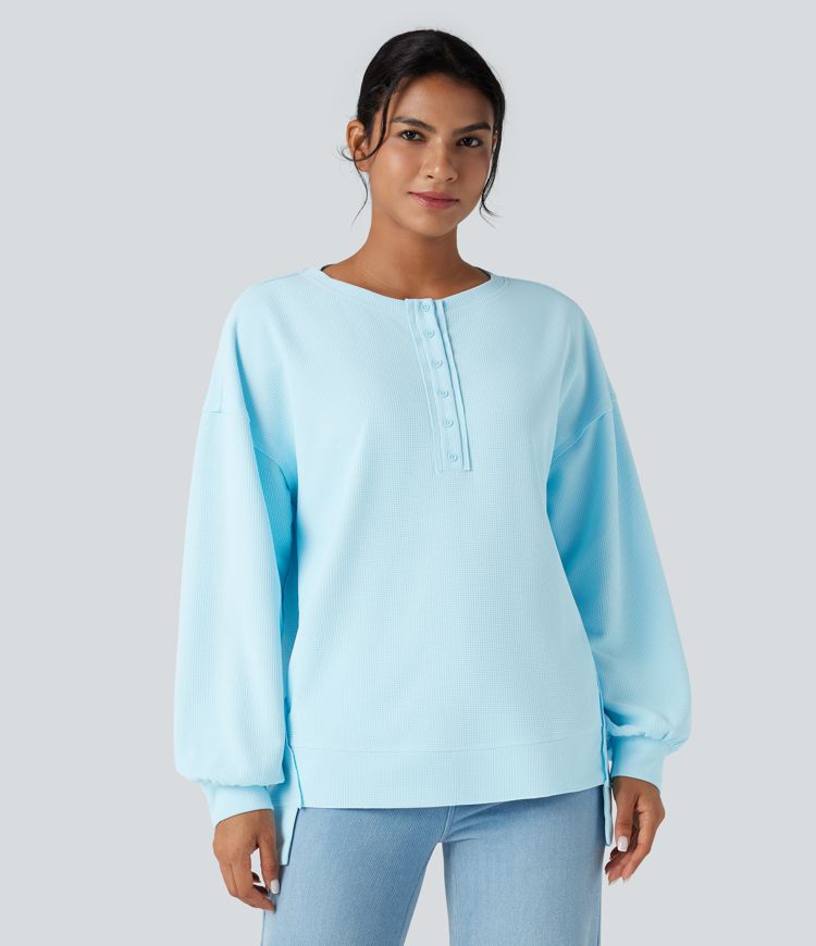 Henley Long Sleeve Waffle Oversized Casual Sweatshirt with Pockets